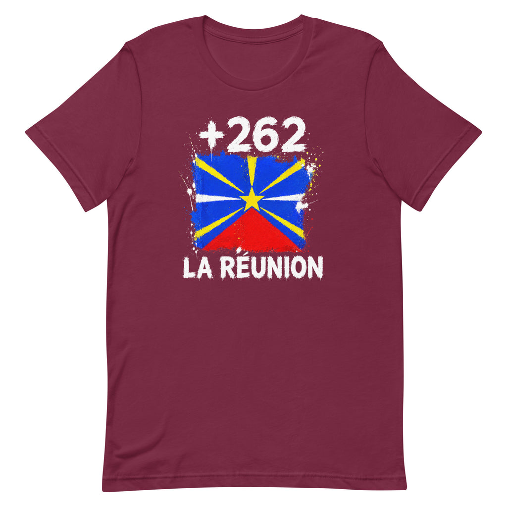 T-shirt La Réunion +262 bordeaux vue de face, sérigraphie drapeau réunionnais