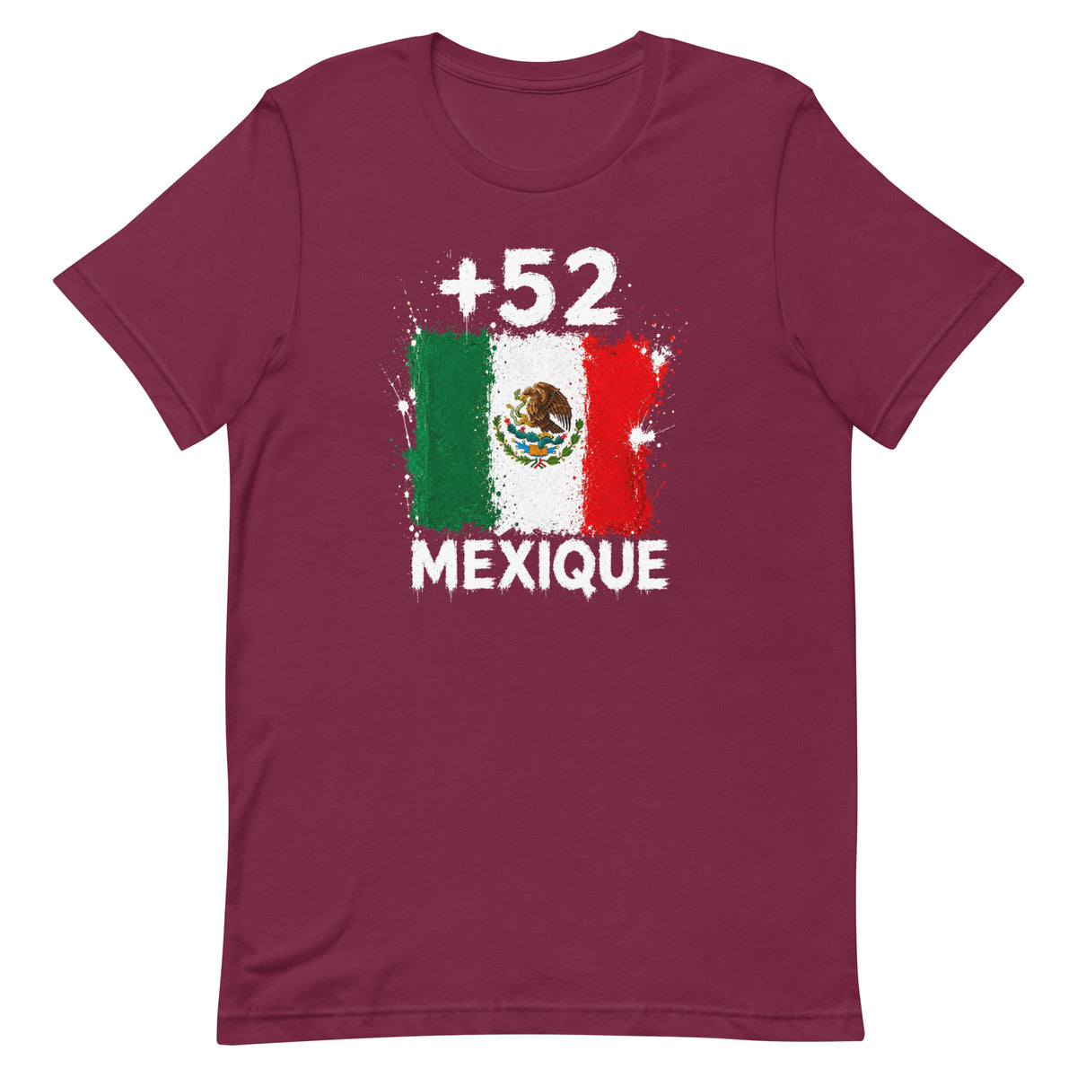 T-shirt Mexique +52 bordeaux vue de face, sérigraphie drapeau mexicain