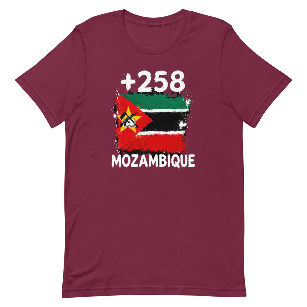 T-shirt Mozambique +258 bordeaux vue de face, sérigraphie drapeau mozambicain