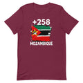 T-shirt Mozambique +258 bordeaux vue de face, sérigraphie drapeau mozambicain