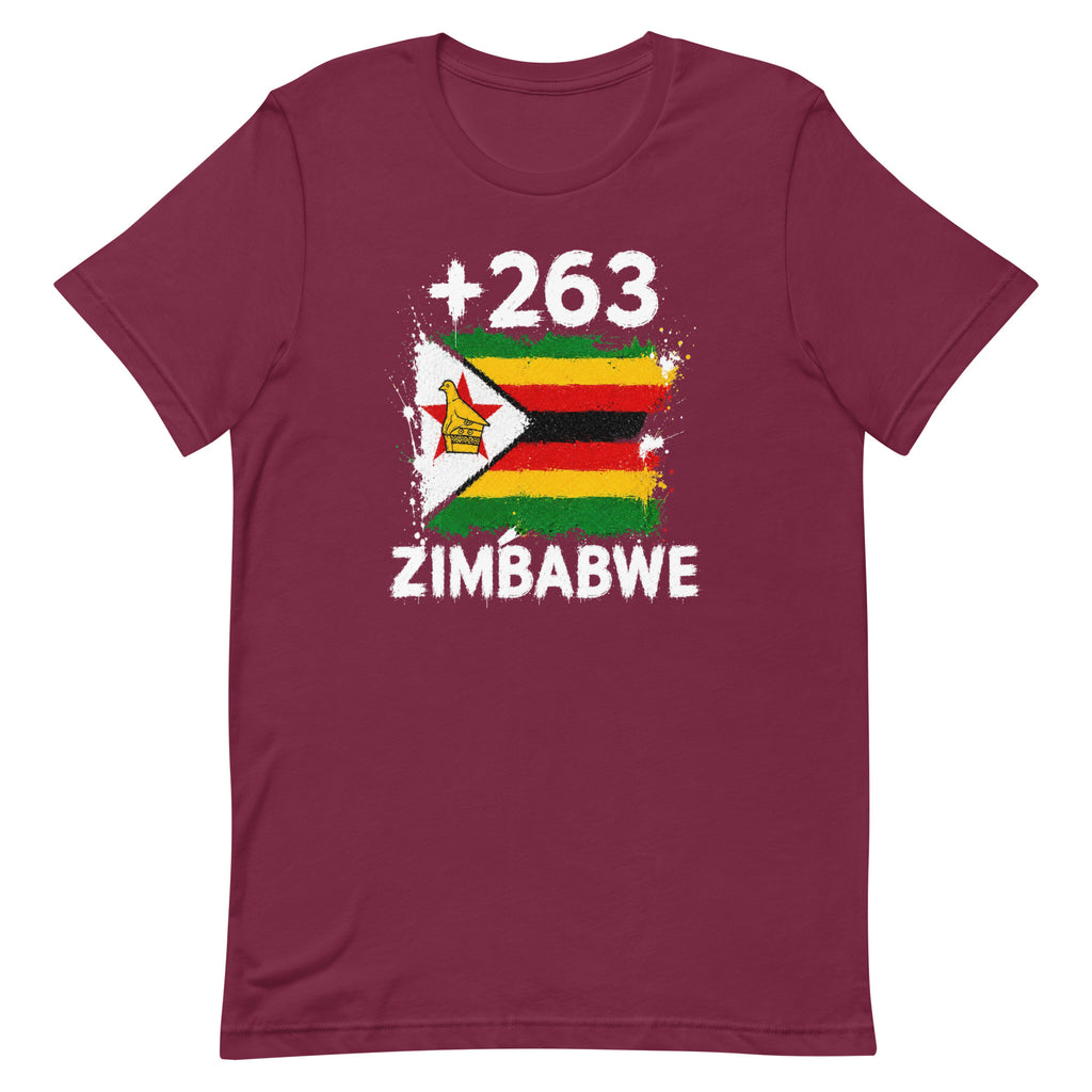T-shirt Zimbabwe +263 bordeaux vue de face, sérigraphie drapeau zimbabwéen
