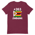 T-shirt Zimbabwe +263 bordeaux vue de face, sérigraphie drapeau zimbabwéen
