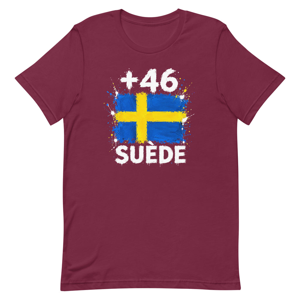 T-shirt Suède +46 bordeaux vue de face, sérigraphie drapeau suédois