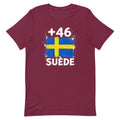 T-shirt Suède +46 bordeaux vue de face, sérigraphie drapeau suédois