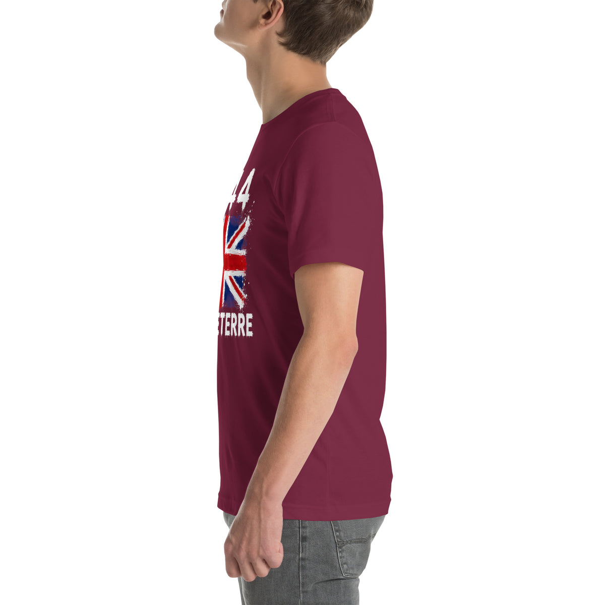 T-shirt Angleterre - Maroon avec drapeau floqué effet éclaboussure de peinture - vue de profil gauche - Indicatif Fier