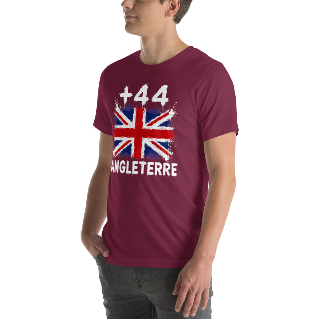 T-shirt Angleterre - Maroon avec drapeau floqué effet éclaboussure de peinture - vue de trois-quarts gauche - Indicatif Fier