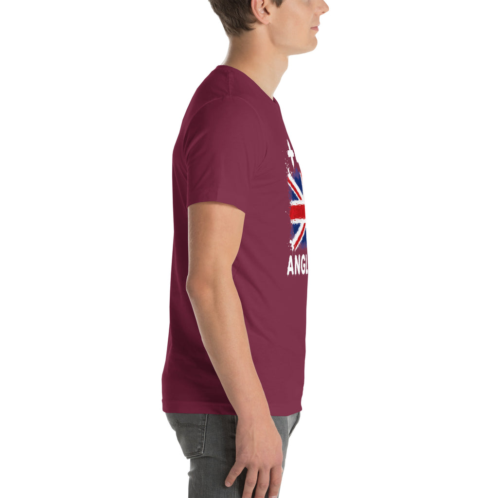 T-shirt Angleterre - Maroon avec drapeau floqué effet éclaboussure de peinture - vue de profil droit - Indicatif Fier