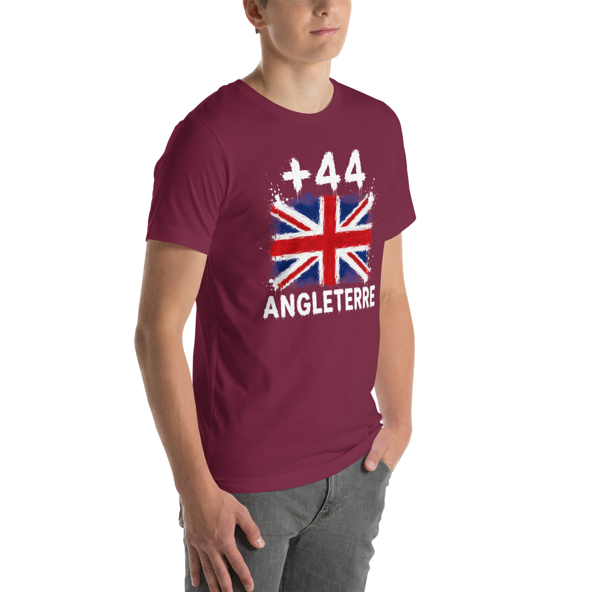 T-shirt Angleterre - Maroon avec drapeau floqué effet éclaboussure de peinture - vue de trois-quarts droit - Indicatif Fier