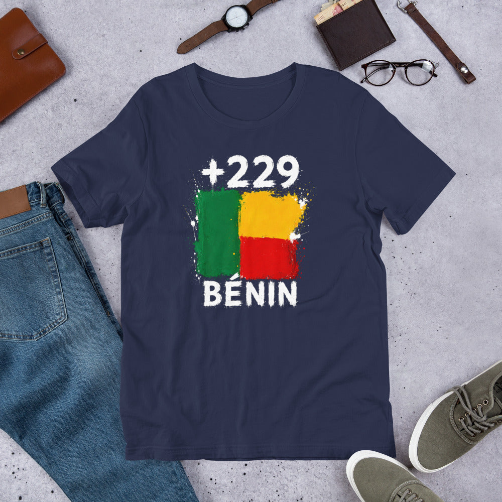 T-shirt Bénin +229 Navy vue de face, drapeau béninois