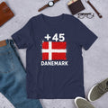 T-shirt Danemark +45 Navy vue de face, drapeau danois