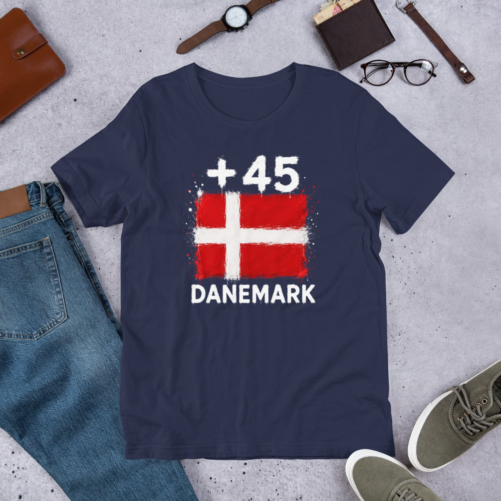 T-shirt Danemark +45 Navy vue de face, drapeau danois