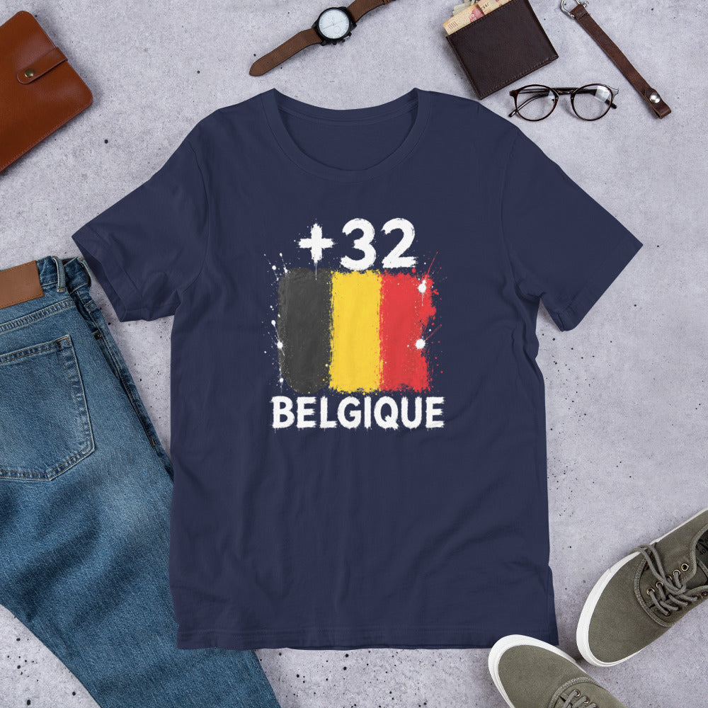 T-shirt Belgique +32 Navy vue de face, drapeau belge
