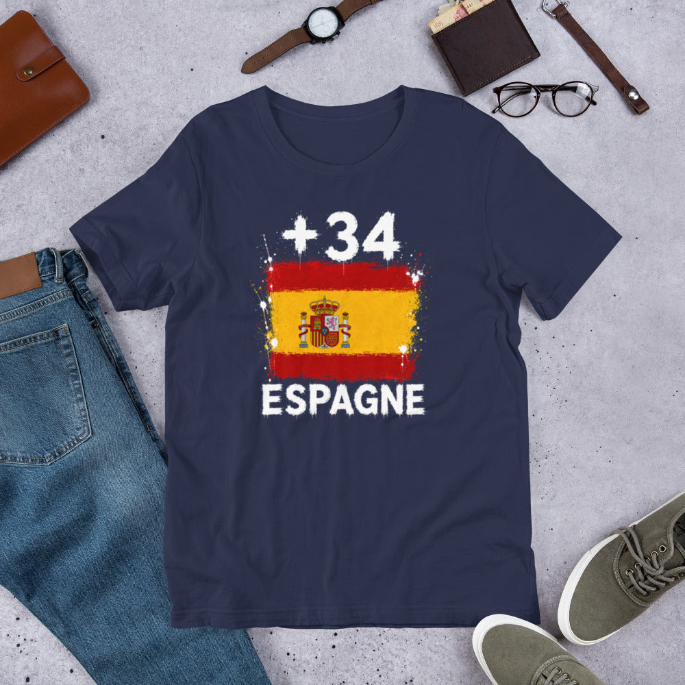 T-shirt Espagne +34 Navy vue de face, drapeau espagnol