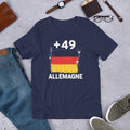 T-shirt Allemagne +49 Navy vue de face, drapeau allemand