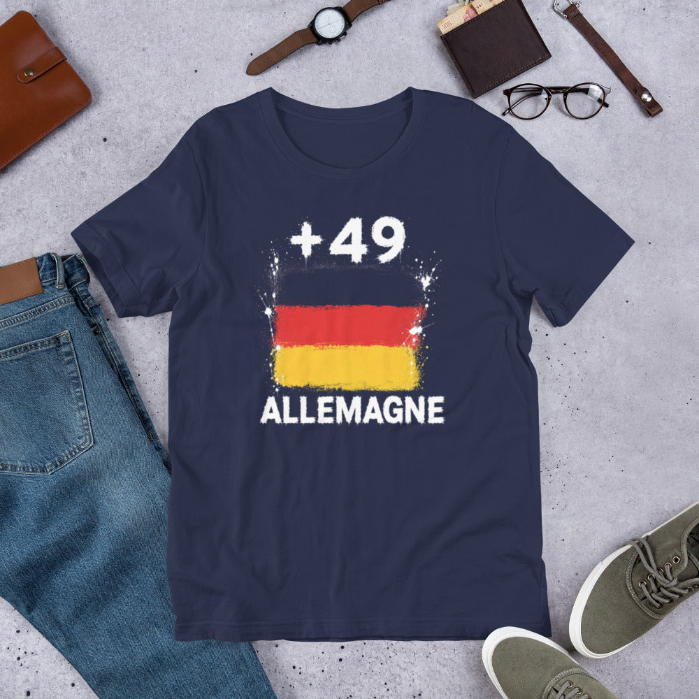 T-shirt Allemagne +49 Navy vue de face, drapeau allemand