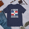 T-shirt République Dominicaine +1809 Navy vue de face, drapeau dominicain