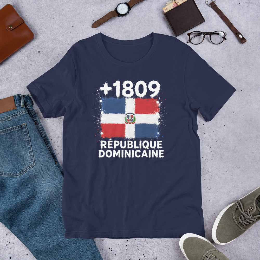 T-shirt République Dominicaine +1809 Navy vue de face, drapeau dominicain