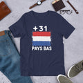 T-shirt Pays Bas +31 Navy vue de face, drapeau néerlandais