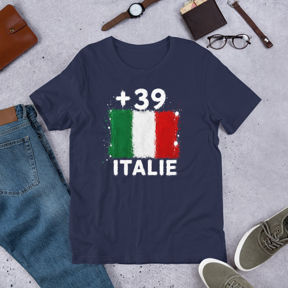 T-shirt Italie +39 Navy vue de face, drapeau italien