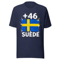 T-shirt Suède +46 - Navy, design drapeau suédois, vue de face - Indicatif Fier