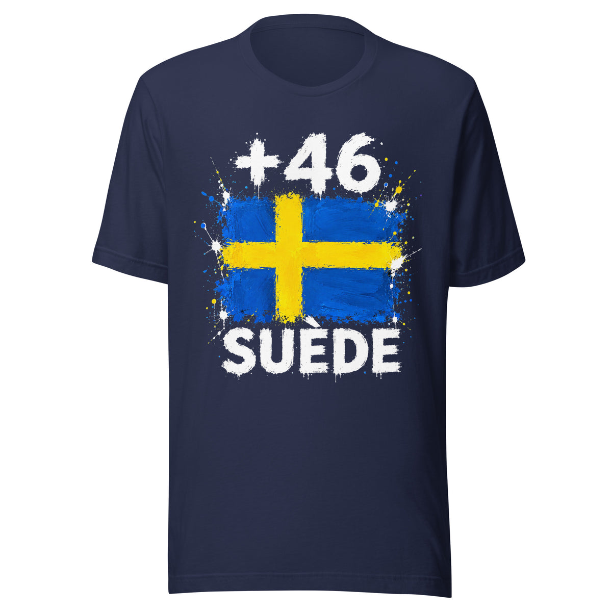 T-shirt Suède +46 - Navy, design drapeau suédois, vue de face - Indicatif Fier