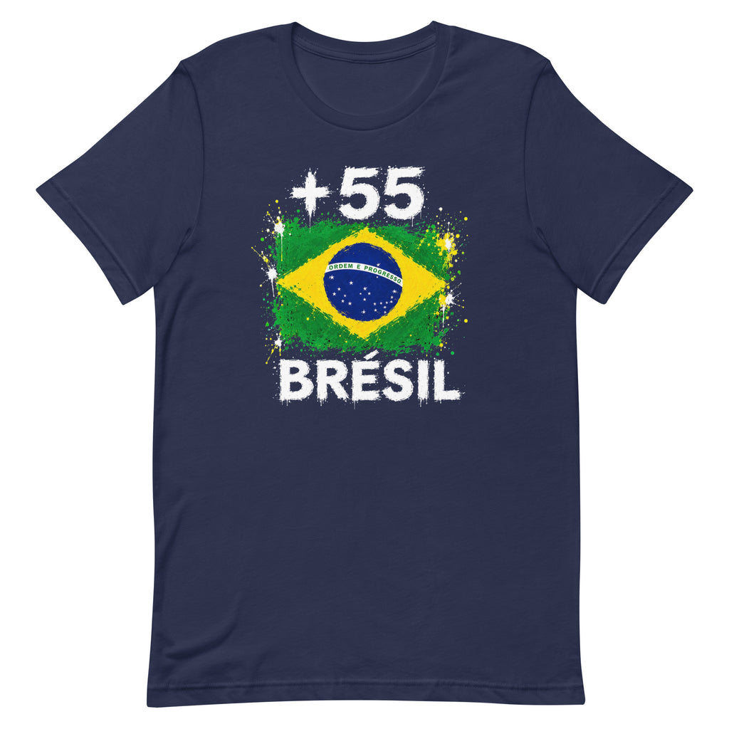 T-shirt Brésil +55 bleu marine vue de face, sérigraphie drapeau brésilien