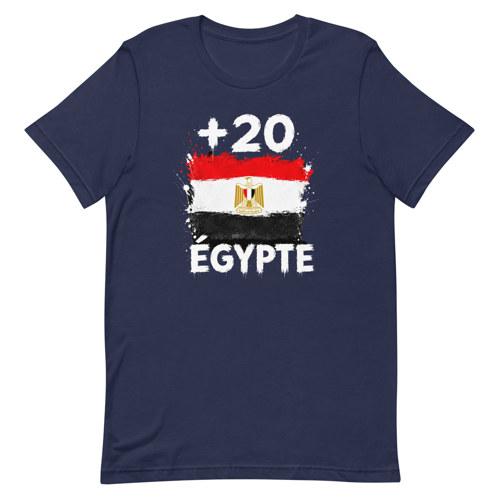 T-shirt Égypte +20 bleu marine vue de face, sérigraphie drapeau égyptien