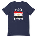 T-shirt Égypte +20 bleu marine vue de face, sérigraphie drapeau égyptien