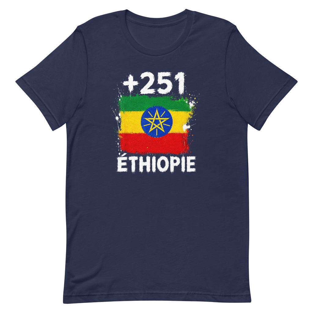 T-shirt Éthiopie +251 bleu marine vue de face, sérigraphie drapeau éthiopien
