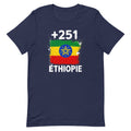 T-shirt Éthiopie +251 bleu marine vue de face, sérigraphie drapeau éthiopien