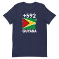 T-shirt Guyana +592 bleu marine vue de face, sérigraphie drapeau guyanien