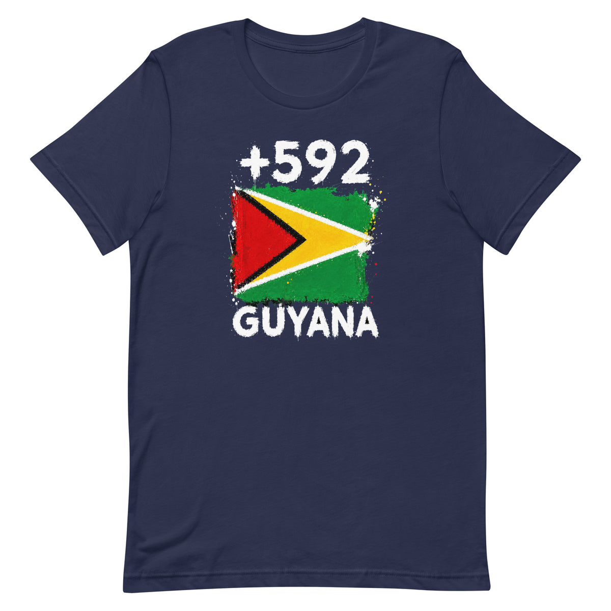 T-shirt Guyana +592 bleu marine vue de face, sérigraphie drapeau guyanien
