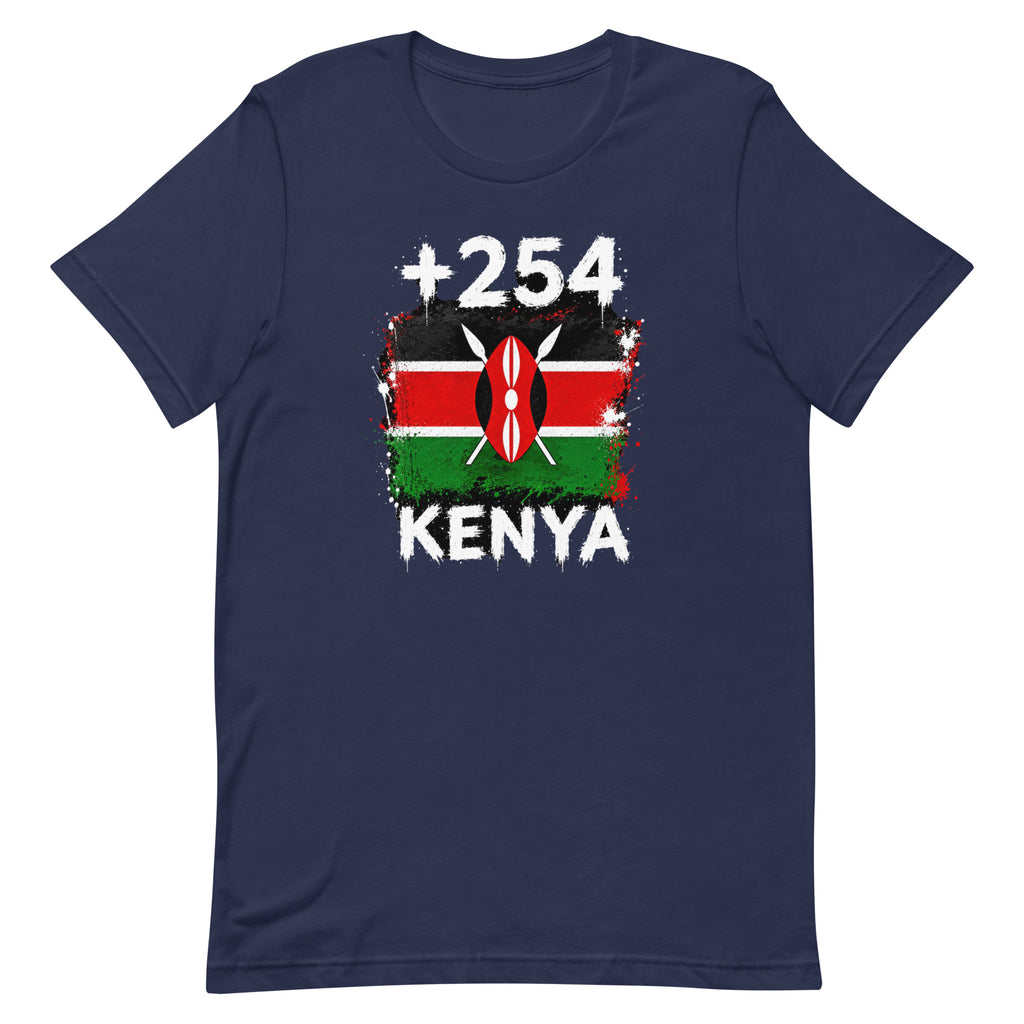 T-shirt Kenya +254 bleu marine vue de face, sérigraphie drapeau kényan