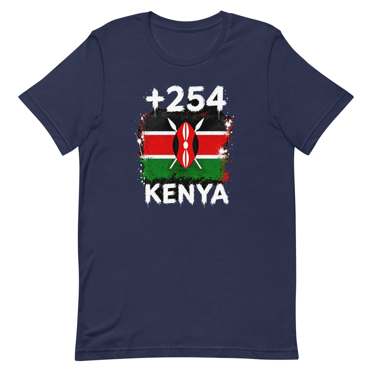 T-shirt Kenya +254 bleu marine vue de face, sérigraphie drapeau kényan