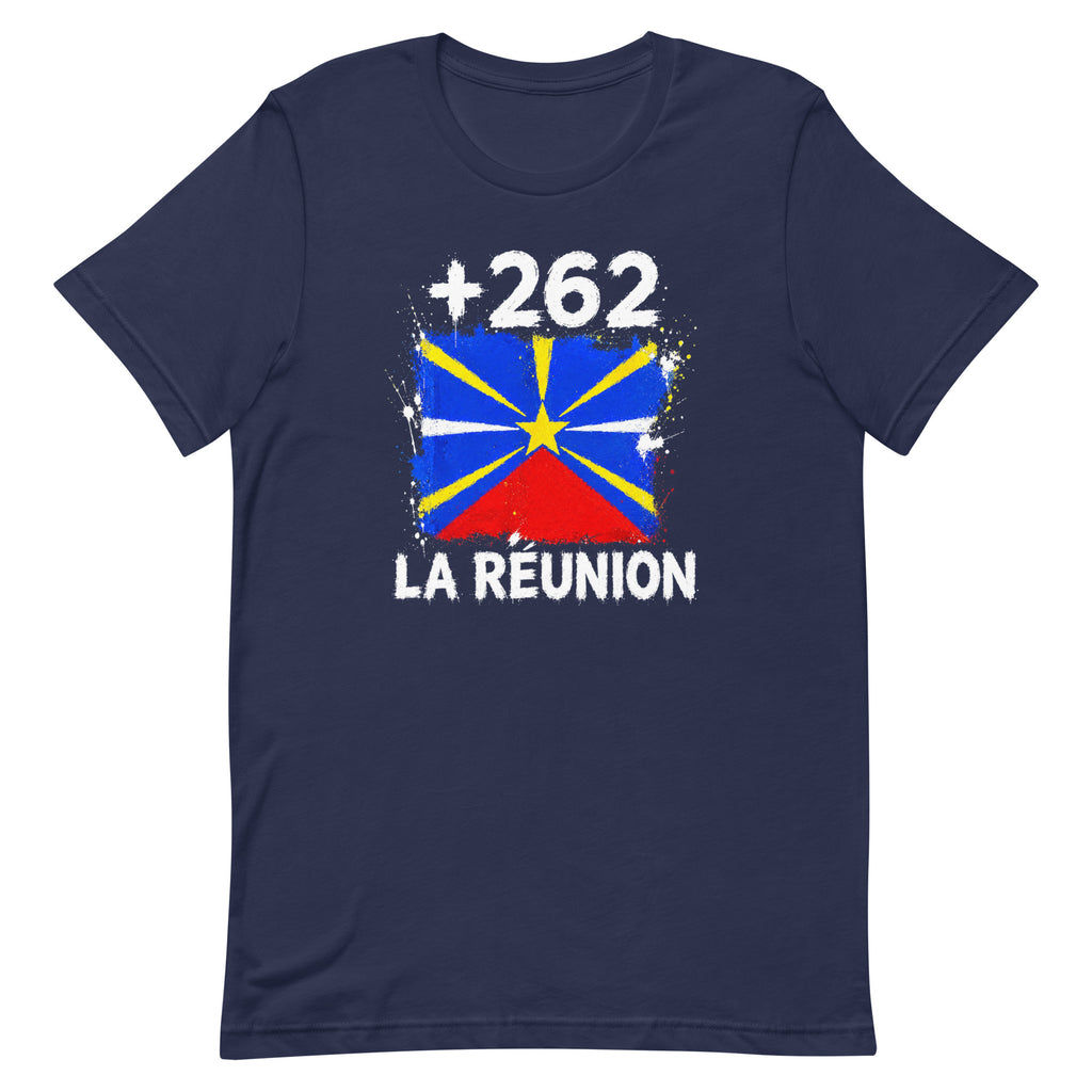 T-shirt La Réunion +262 bleu marine vue de face, sérigraphie drapeau réunionnais
