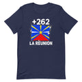 T-shirt La Réunion +262 bleu marine vue de face, sérigraphie drapeau réunionnais