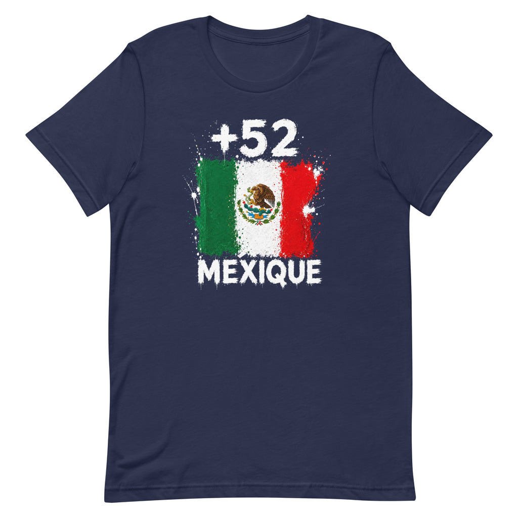 T-shirt Mexique +52 bleu marine vue de face, sérigraphie drapeau mexicain