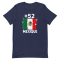 T-shirt Mexique +52 bleu marine vue de face, sérigraphie drapeau mexicain