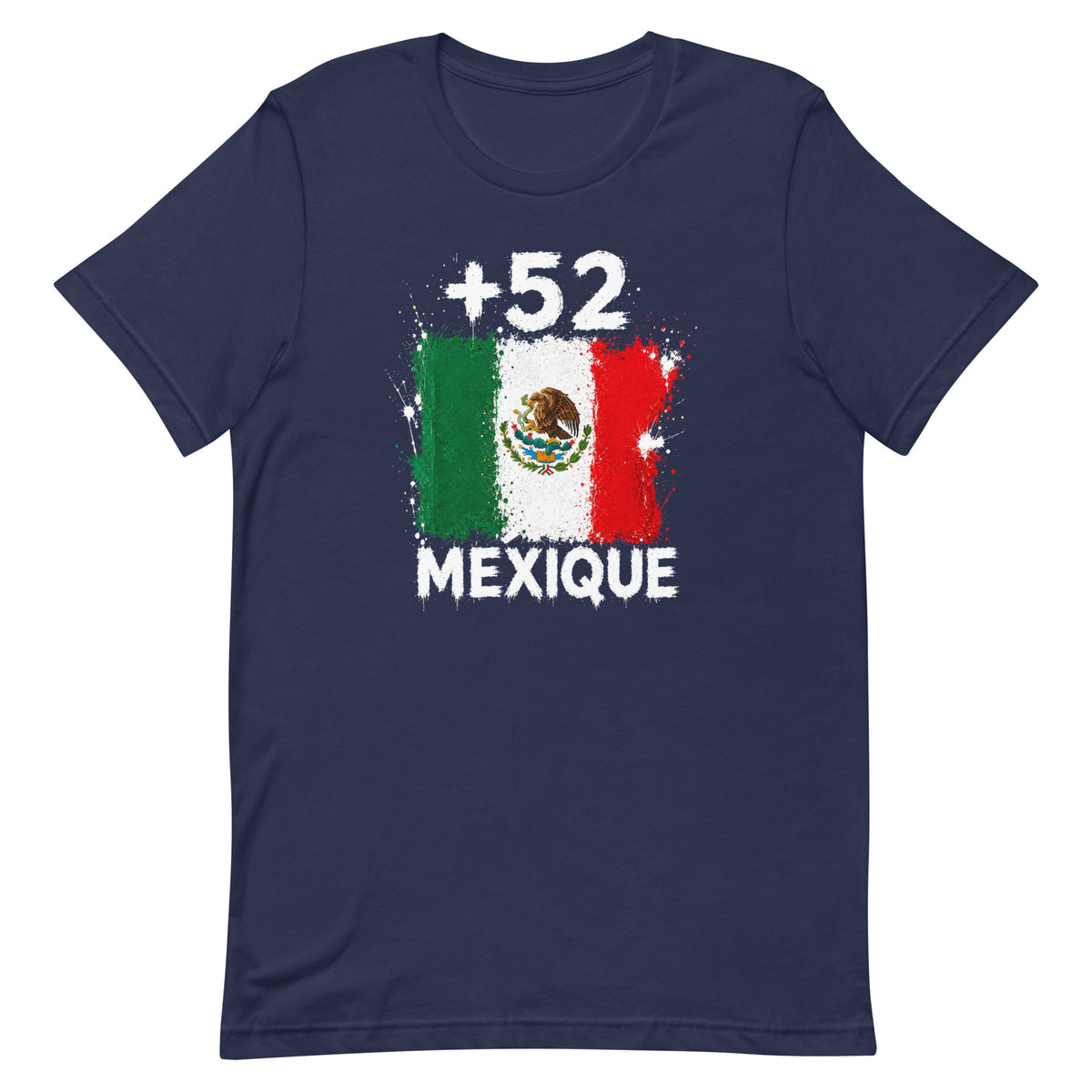 T-shirt Mexique +52 bleu marine vue de face, sérigraphie drapeau mexicain