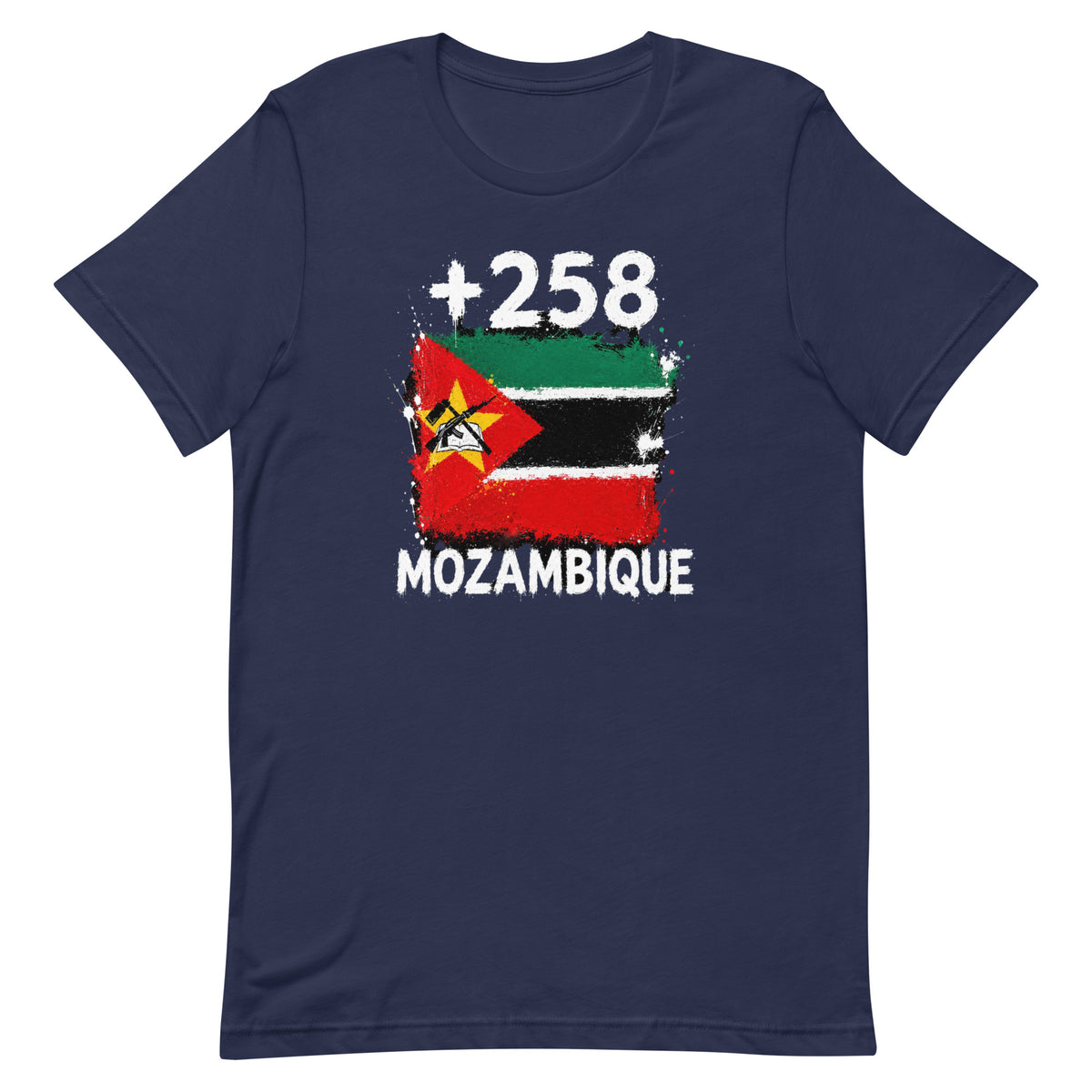T-shirt Mozambique +258 bleu marine vue de face, sérigraphie drapeau mozambicain