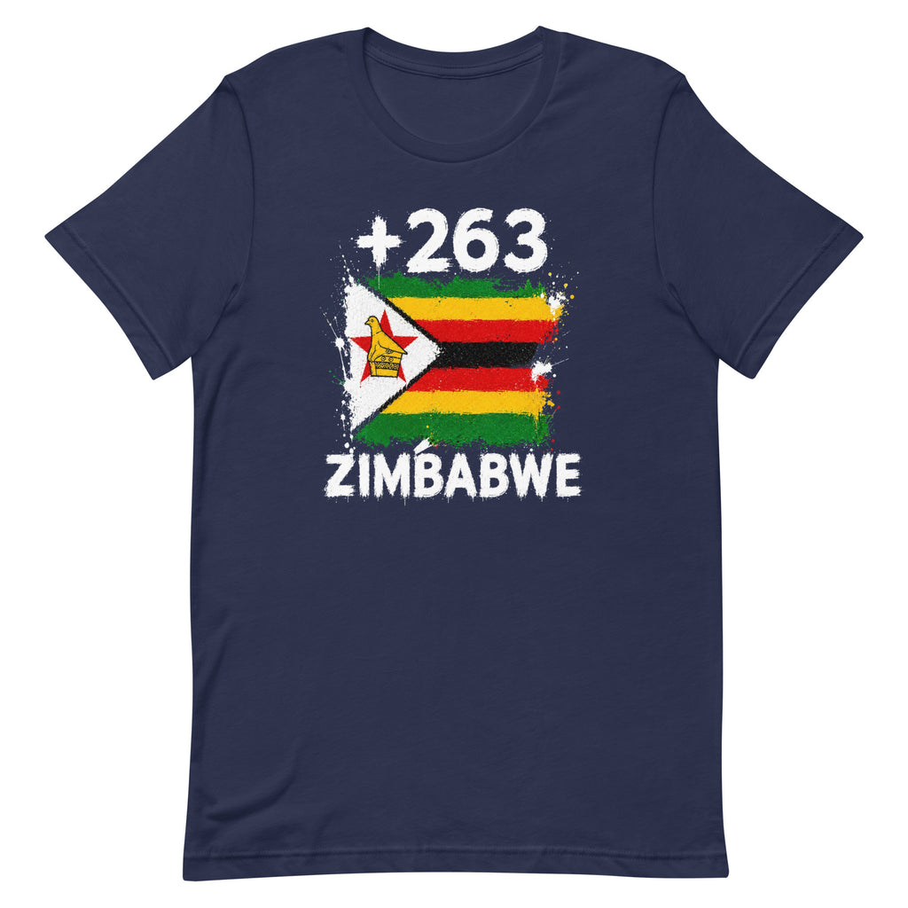 T-shirt Zimbabwe +263 bleu marine vue de face, sérigraphie drapeau zimbabwéen