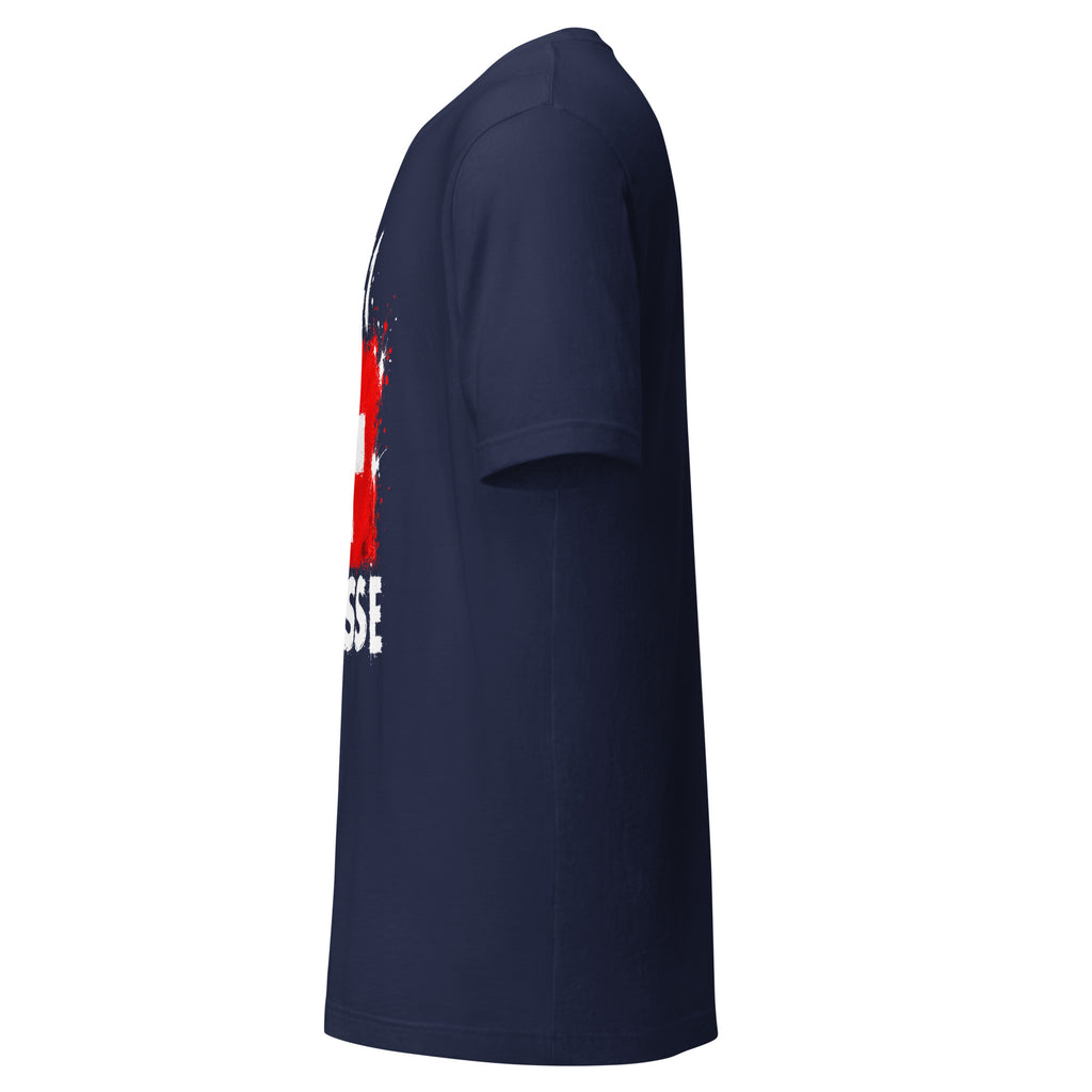 T-shirt Suisse - Navy avec drapeau floqué effet éclaboussure de peinture - vue de profil gauche - Indicatif Fier