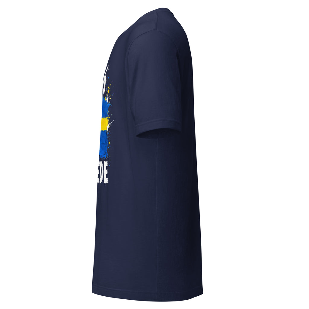 T-shirt Suède - Navy avec drapeau floqué effet éclaboussure de peinture - vue de profil gauche - Indicatif Fier