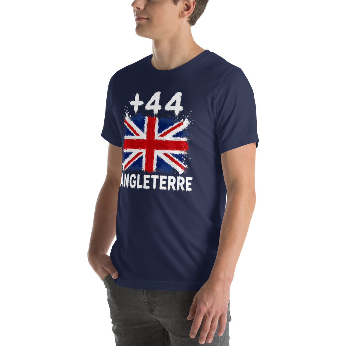 T-shirt Angleterre - Navy avec drapeau floqué effet éclaboussure de peinture - vue de trois-quarts gauche - Indicatif Fier