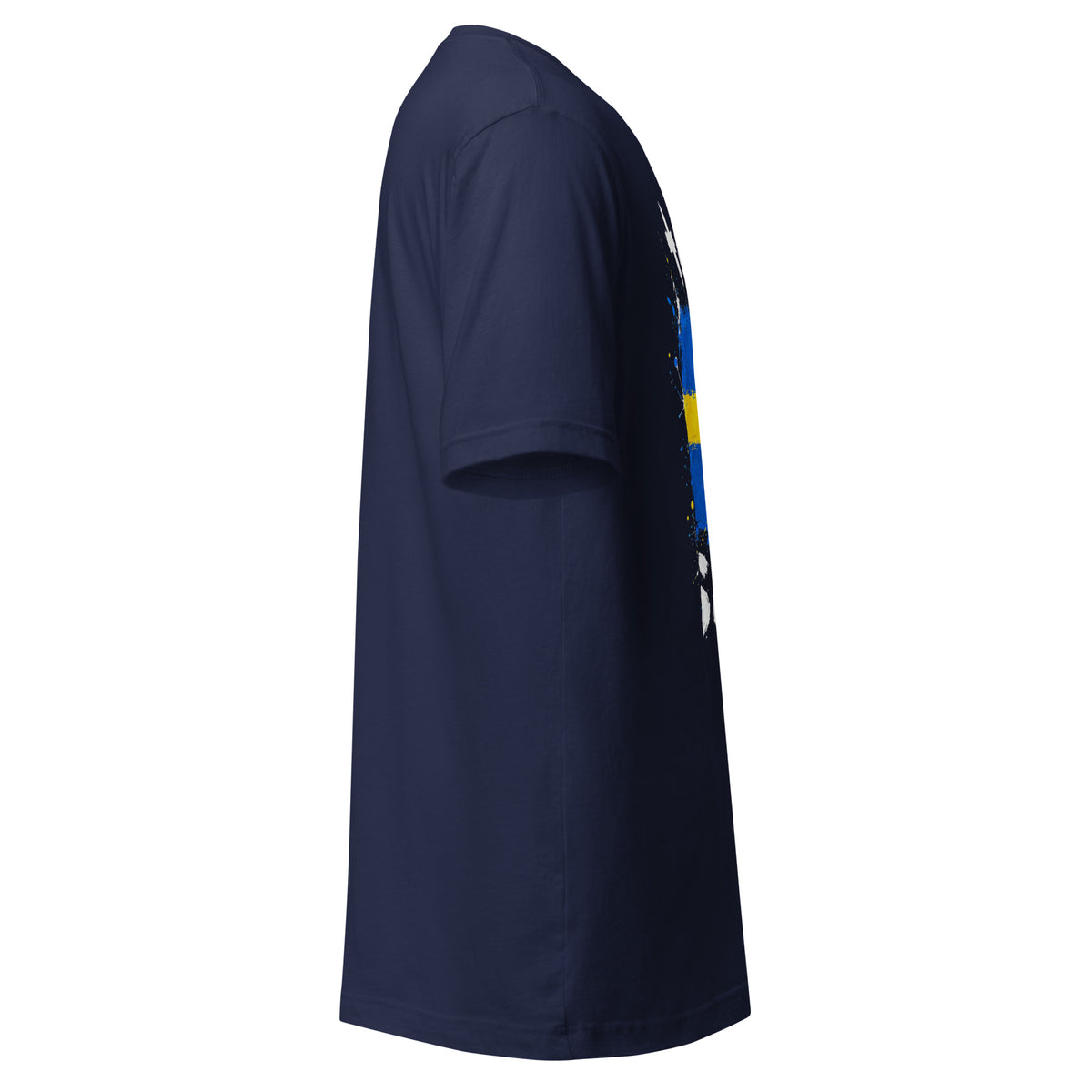 T-shirt Suède - Navy avec drapeau floqué effet éclaboussure de peinture - vue de profil droit - Indicatif Fier