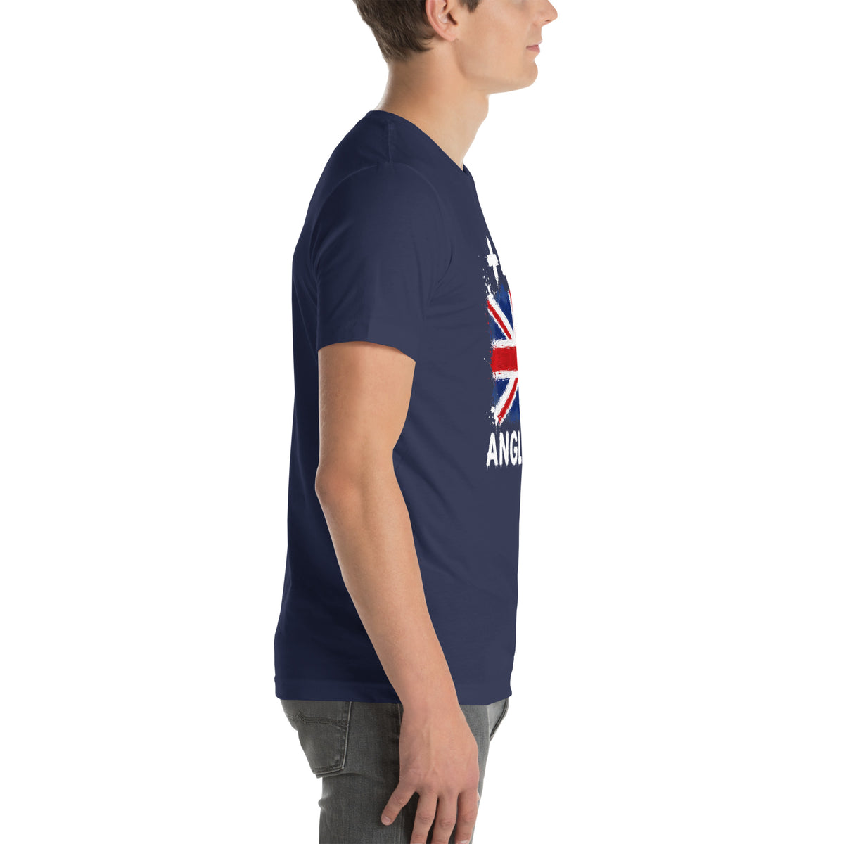 T-shirt Angleterre - Navy avec drapeau floqué effet éclaboussure de peinture - vue de profil droit - Indicatif Fier