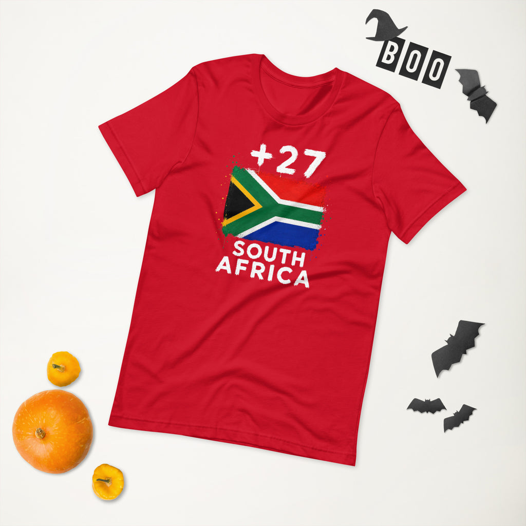 T-shirt Afrique du Sud +27 - Red avec drapeau floqué effet éclaboussure de peinture - vue de face - Indicatif Fier