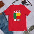 T-shirt Bénin +229 Red vue de face, drapeau béninois