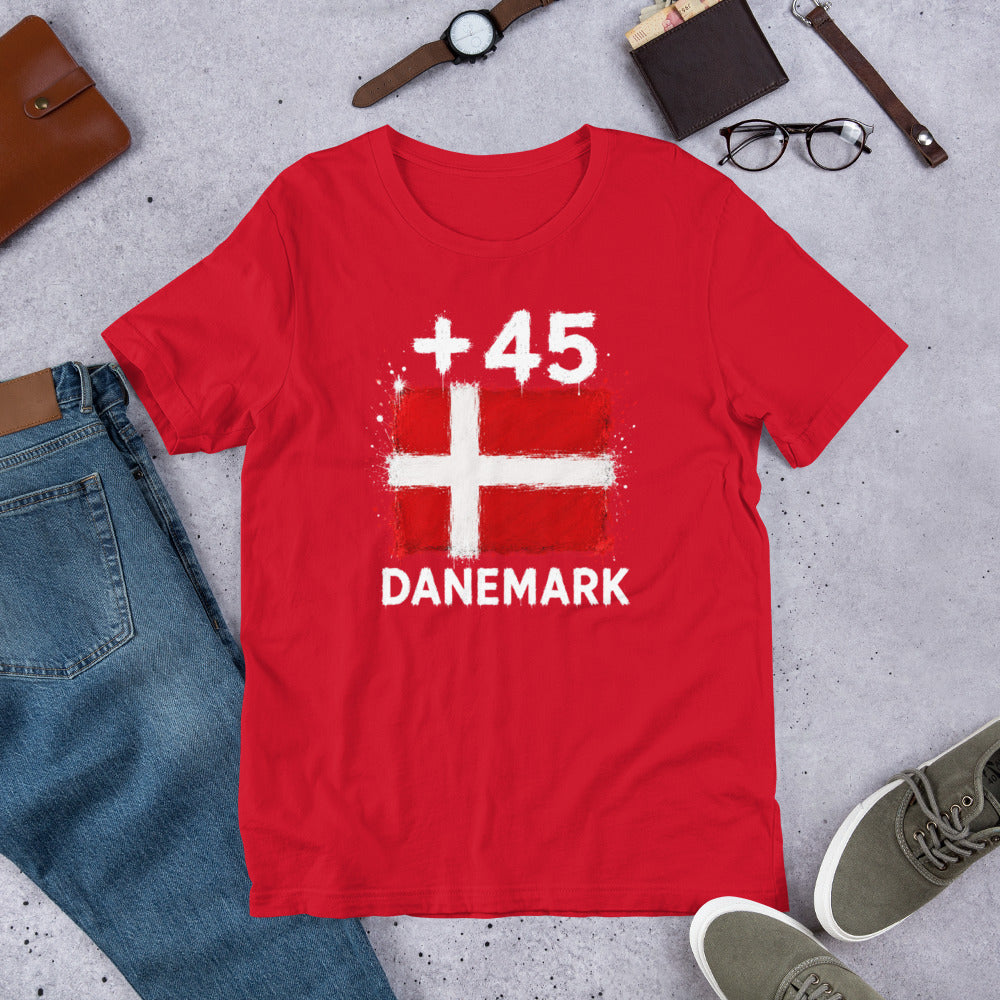 T-shirt Danemark +45 Red vue de face, drapeau danois