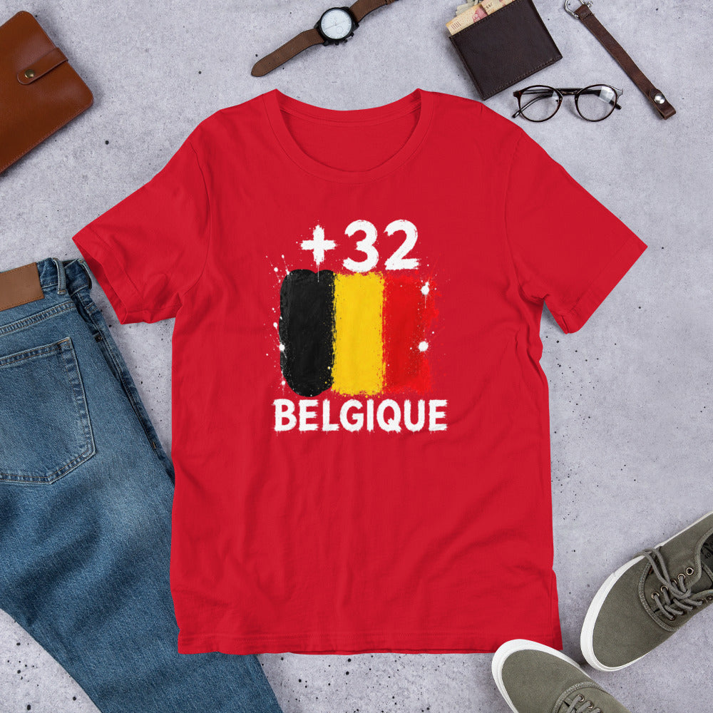 T-shirt Belgique +32 Red vue de face, drapeau belge